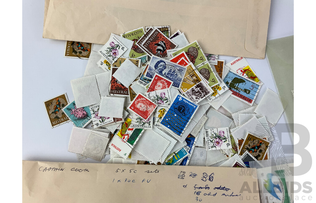 Collection of Australian, PNG, Norfolk Islands Mint, Blocks and Canceled Stamps Including Cook Bicentenary, Telecom Australia, Pioneer Series and More