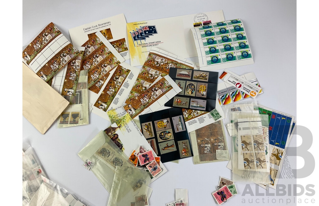 Collection of Australian, PNG, Norfolk Islands Mint, Blocks and Canceled Stamps Including Cook Bicentenary, Telecom Australia, Pioneer Series and More