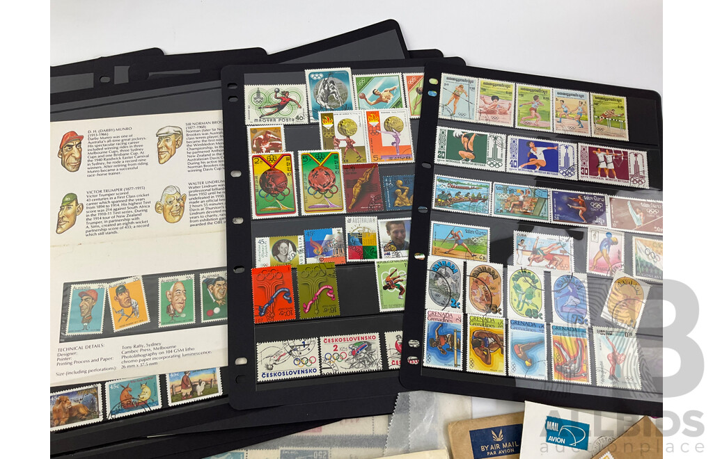 Collection of International Mint and Cancelled Stamps Including Australia, New Zealand, Grenada, African Union, Norfolk Island and More