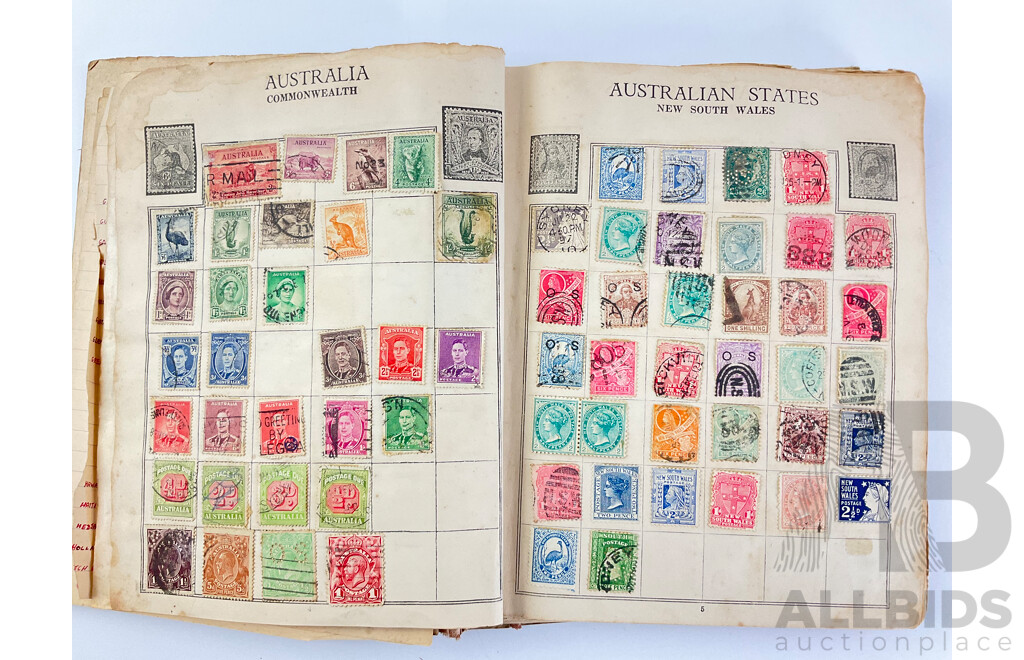 Album of Antique/Vintage International Stamps Including Australian Predecimal, Belgium, Canada, Hungary, Japan, Romania, Aden and More