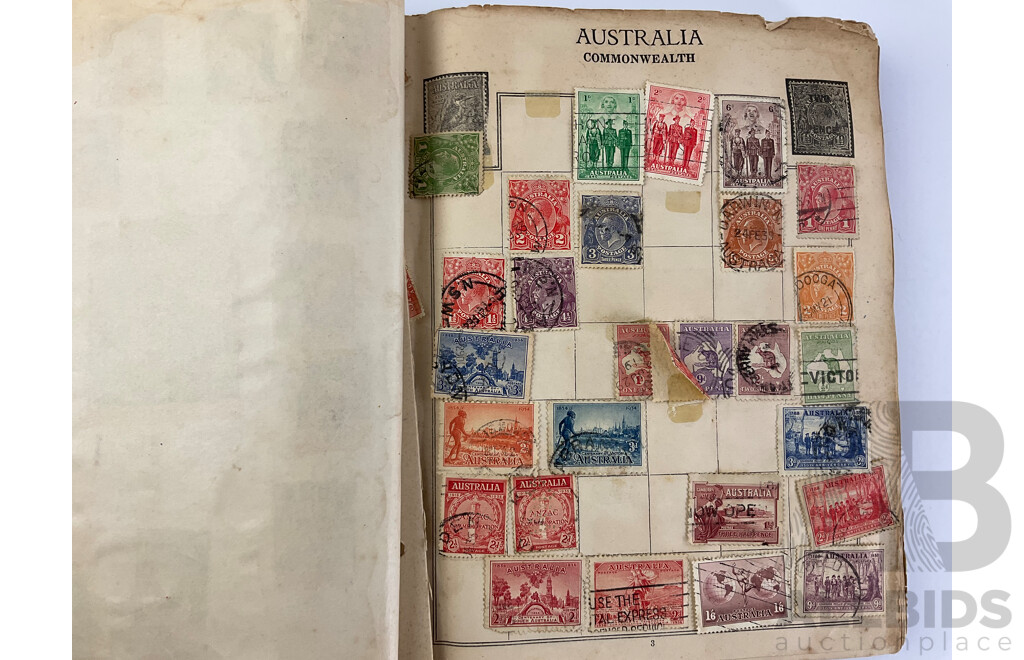 Album of Antique/Vintage International Stamps Including Australian Predecimal, Belgium, Canada, Hungary, Japan, Romania, Aden and More