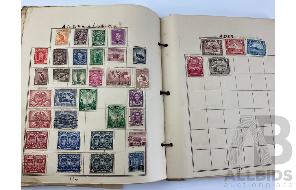 Album of Antique/Vintage International Stamps Including Australian Predecimal, Belgium, Canada, Hungary, Japan, Romania, Aden and More