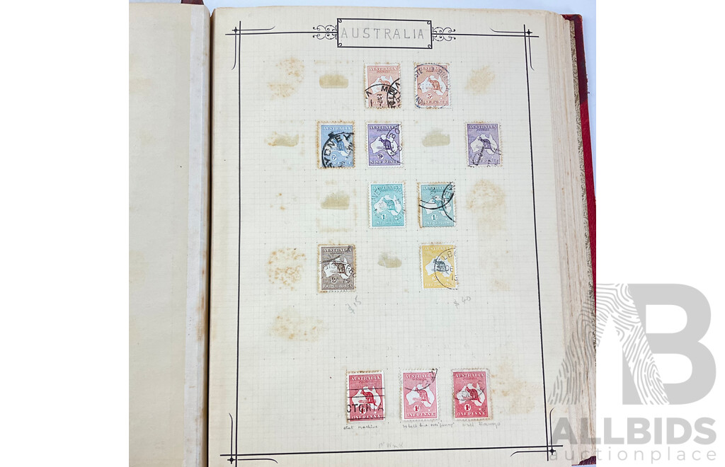 Album of Antique/Vintage Hinged and Cancelled Stamps Including Australia Predecimal, New Hebrides, Nouvelles Hebrides, Solomon Islands, Nauru