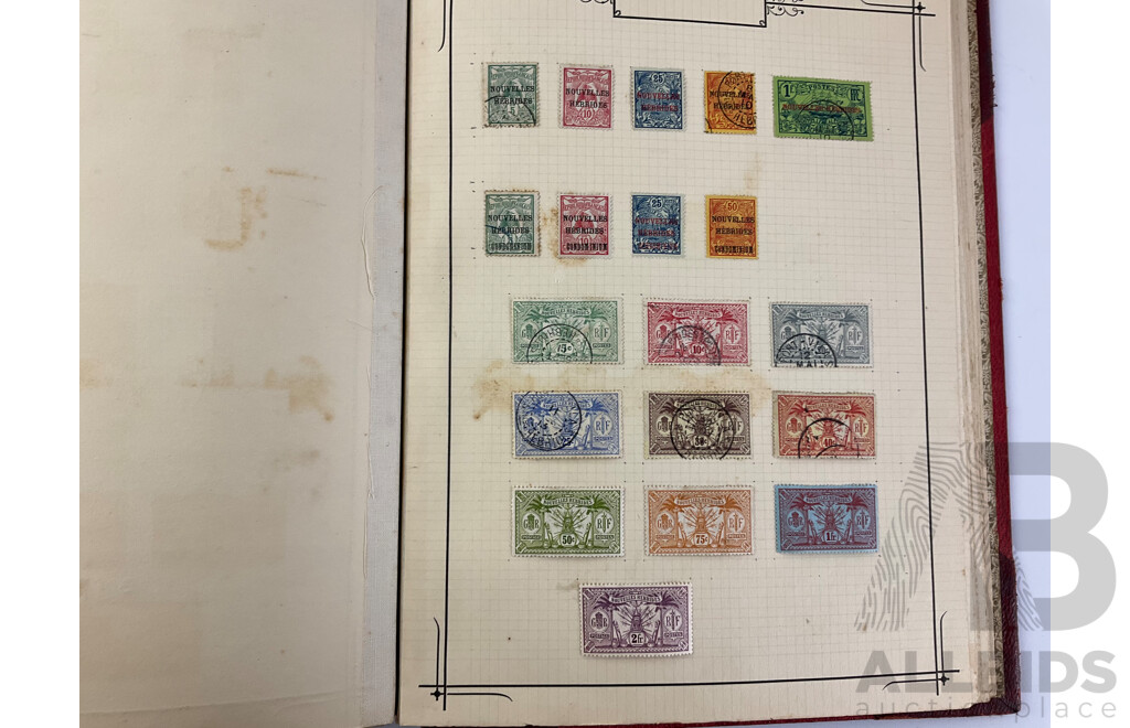 Album of Antique/Vintage Hinged and Cancelled Stamps Including Australia Predecimal, New Hebrides, Nouvelles Hebrides, Solomon Islands, Nauru