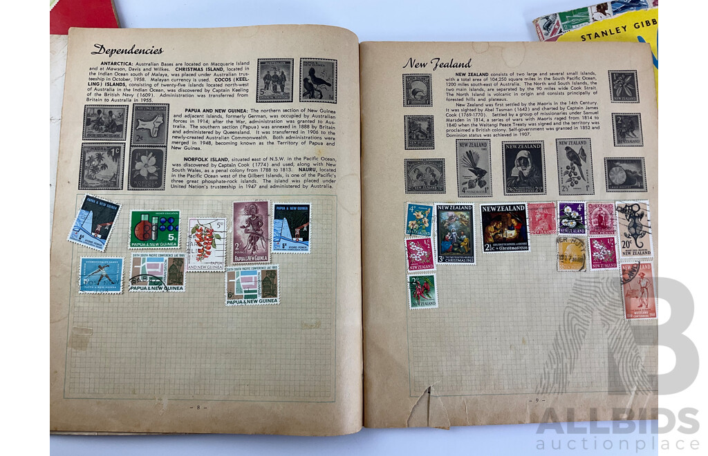 Collection of Vintage International Cancelled Stamp Albums Including Australian Predecimal, Canada, South Africa, Nederland, Singapore, New Zealand, China, Great Britain and More