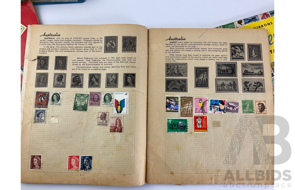 Collection of Vintage International Cancelled Stamp Albums Including Australian Predecimal, Canada, South Africa, Nederland, Singapore, New Zealand, China, Great Britain and More