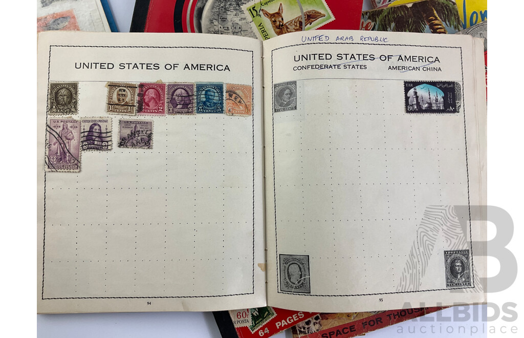 Collection of Vintage International Cancelled Stamp Albums Including Australian Predecimal, Canada, South Africa, Nederland, Singapore, New Zealand, China, Great Britain and More