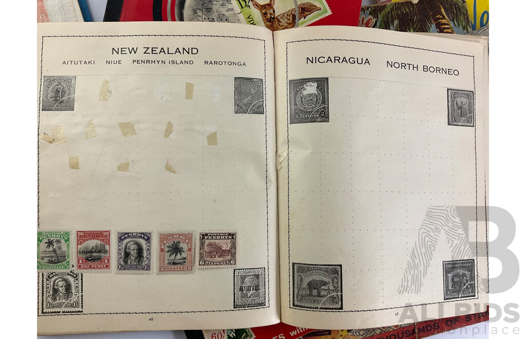 Collection of Vintage International Cancelled Stamp Albums Including Australian Predecimal, Canada, South Africa, Nederland, Singapore, New Zealand, China, Great Britain and More