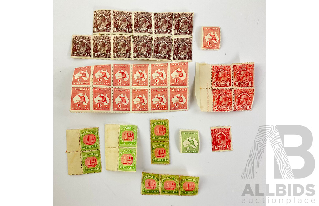 Collection of Australian Predecimal Mint Stamp Blocks Including One Penny Red Kangaroo, One Penny Postage Due, One Half Penny KGV