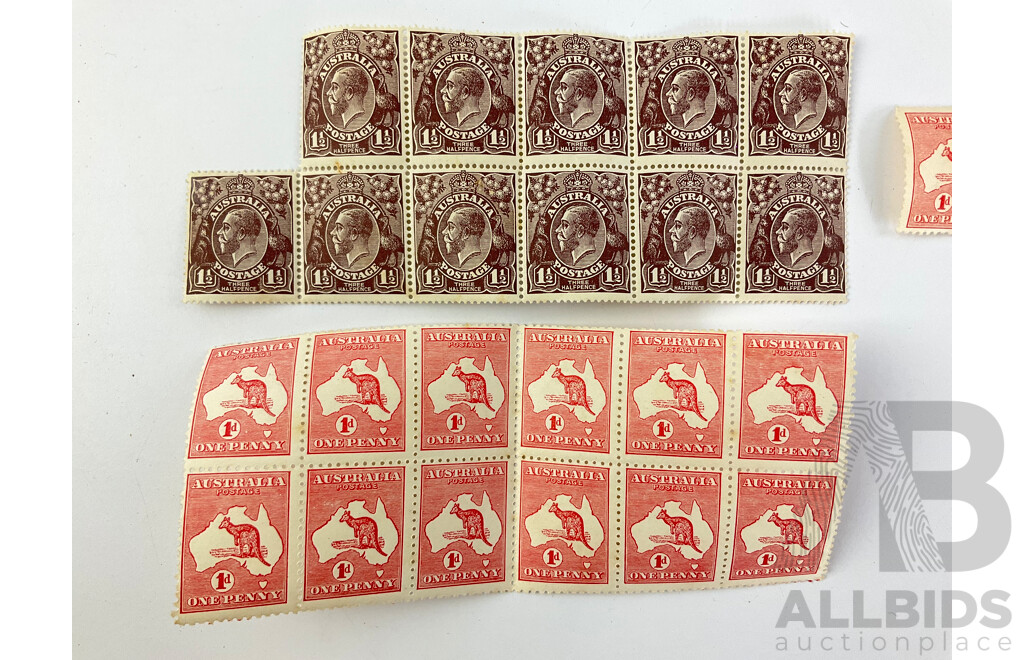 Collection of Australian Predecimal Mint Stamp Blocks Including One Penny Red Kangaroo, One Penny Postage Due, One Half Penny KGV