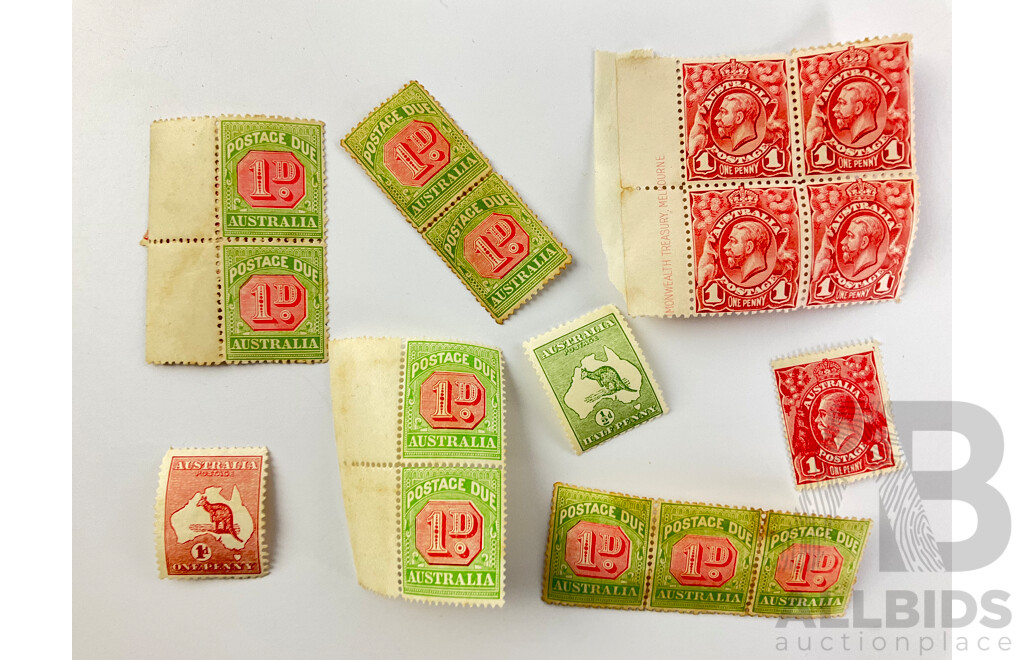 Collection of Australian Predecimal Mint Stamp Blocks Including One Penny Red Kangaroo, One Penny Postage Due, One Half Penny KGV