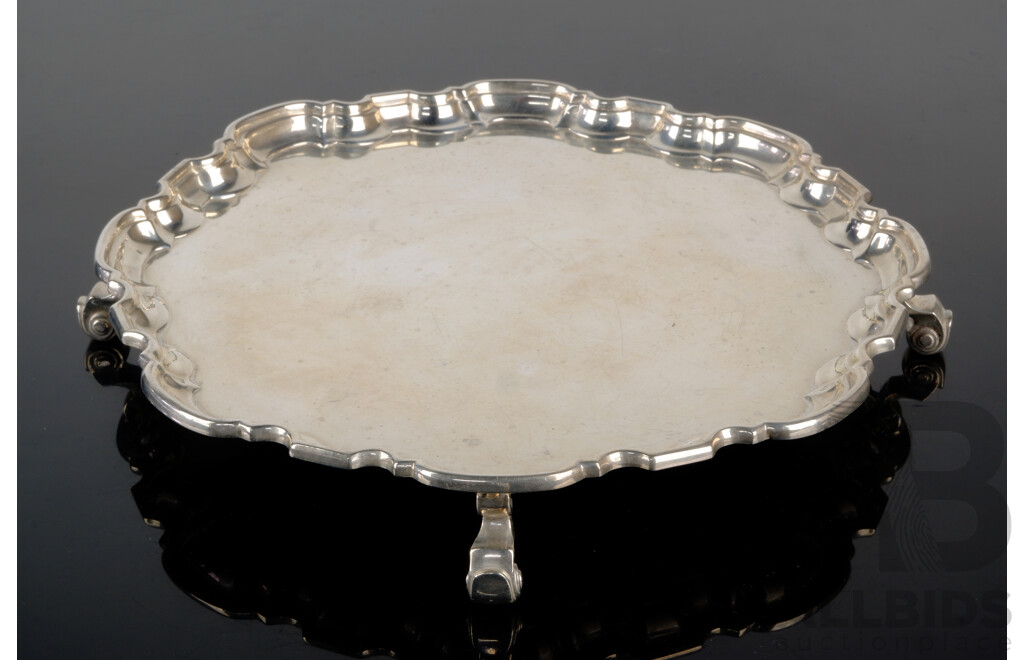 Vintage English Sterling Silver Waiters Tray on Four Feet, Sheffield 1934, Weight 365gm