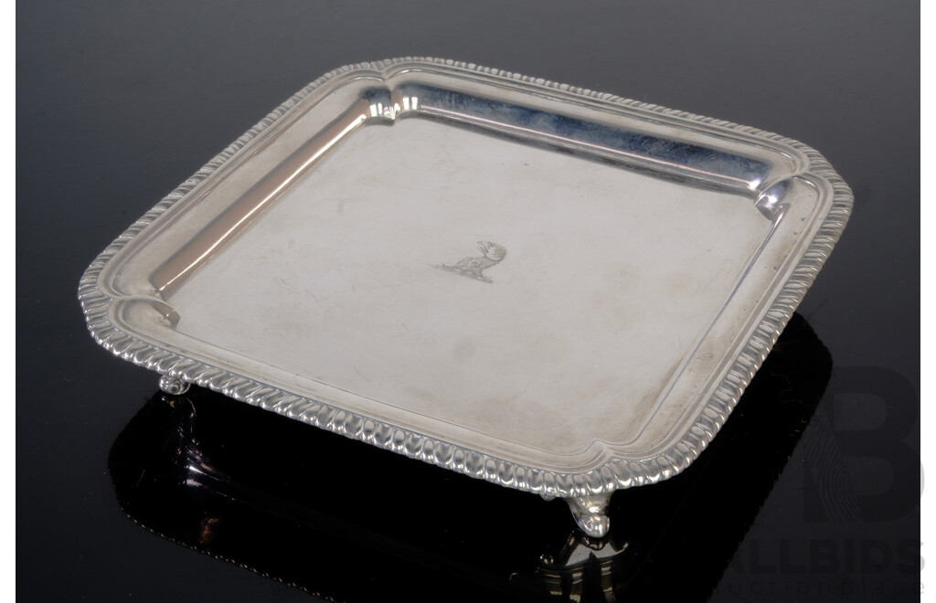 Antique English Sterling Silver George II Waiters Tray on Four Feet, London, 1749, Paul Crespin, Weight 486Gm