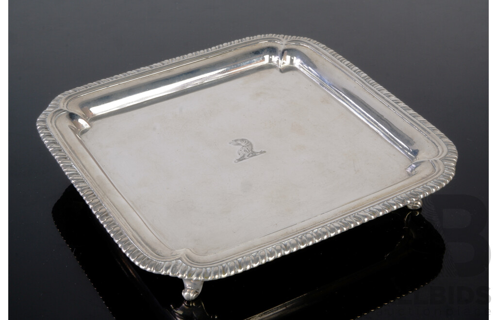 Antique English Sterling Silver George II Waiters Tray on Four Feet, London, 1749, Paul Crespin, Weight 486Gm