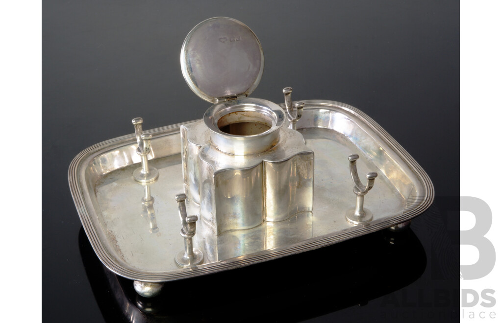 Antique English Sterling Silver Edward VII Desk Standish with Inkwell on Four Feet, London, 1900, Goldsmiths & Silversmiths Co, Weight 573gm