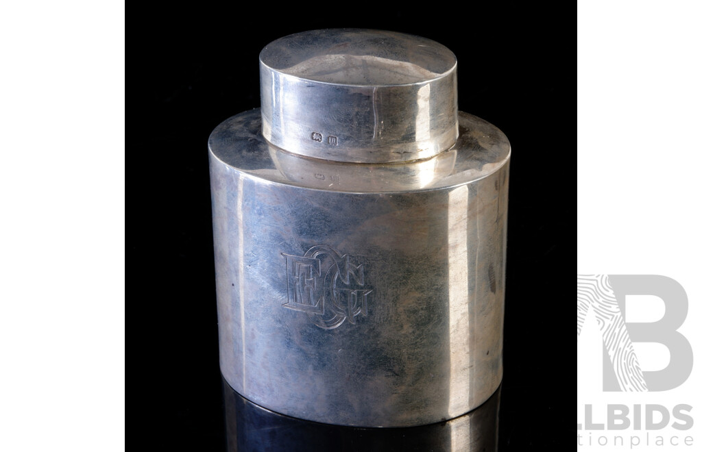 Antique English Sterling Silver Lidded Tea Caddy with Engraved Monogram to Front, Birmingham 1911, Weight 74Gm