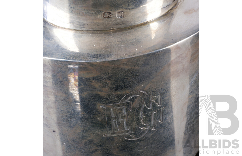 Antique English Sterling Silver Lidded Tea Caddy with Engraved Monogram to Front, Birmingham 1911, Weight 74Gm