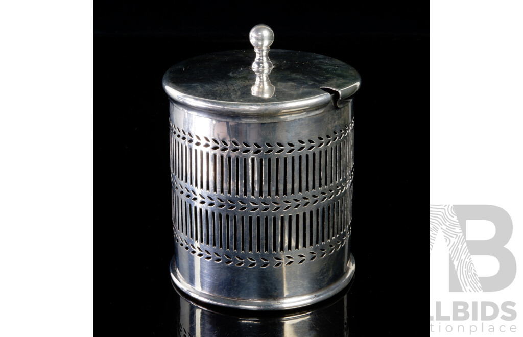 Antique English Sterling Silver Lidded Mustard Pot with Bristol Blue Glass Liner, Sheffield 1916, Silver Weight 268gm