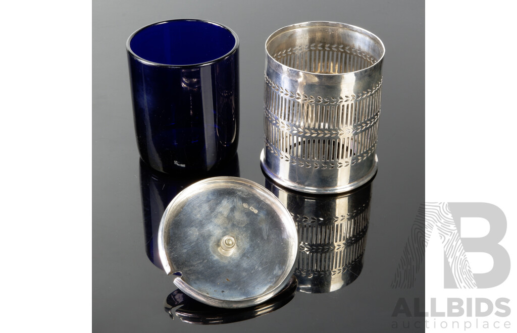 Antique English Sterling Silver Lidded Mustard Pot with Bristol Blue Glass Liner, Sheffield 1916, Silver Weight 268gm