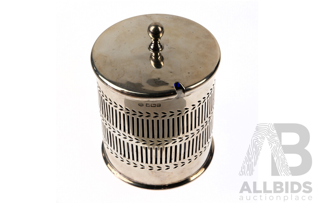 Antique English Sterling Silver Lidded Mustard Pot with Bristol Blue Glass Liner, Sheffield 1916, Silver Weight 268gm