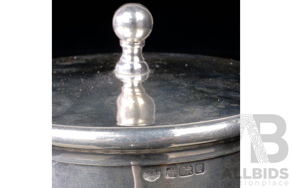 Antique English Sterling Silver Lidded Mustard Pot with Bristol Blue Glass Liner, Sheffield 1916, Silver Weight 268gm