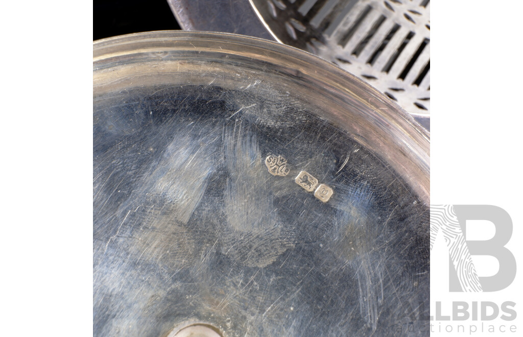 Antique English Sterling Silver Lidded Mustard Pot with Bristol Blue Glass Liner, Sheffield 1916, Silver Weight 268gm