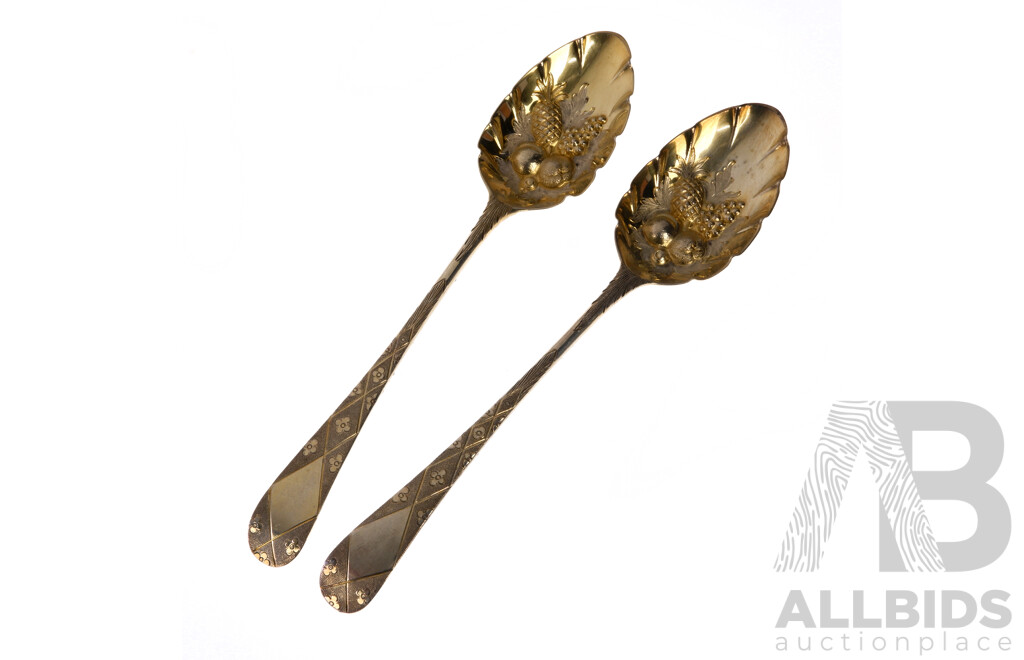 Pair Antique English Sterling Silver with Gilt Detail Compote Berry Spoons with Engraved Decoration to Handle, London 1791, Total Weight 115Gm