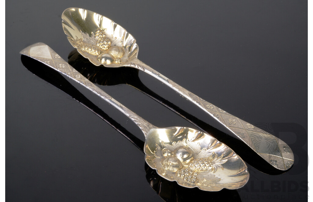 Pair Antique English Sterling Silver with Gilt Detail Compote Berry Spoons with Engraved Decoration to Handle, London 1791, Total Weight 115Gm