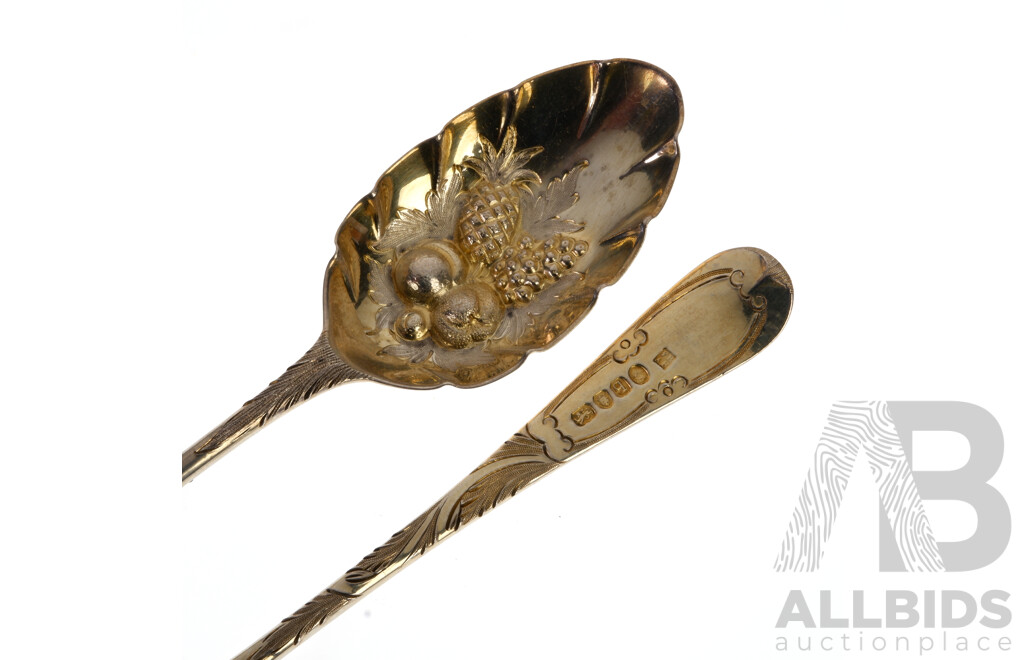 Pair Antique English Sterling Silver with Gilt Detail Compote Berry Spoons with Engraved Decoration to Handle, London 1791, Total Weight 115Gm