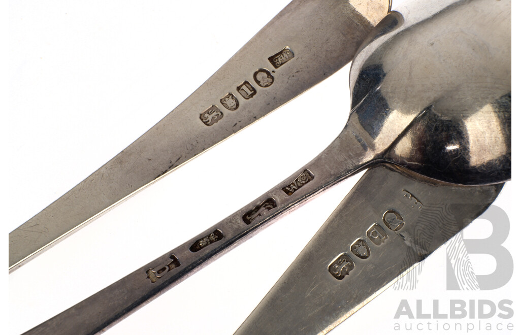 Collection Three Antique Georgian Sterling Silver Table Spoons with Monogram to Handle, All London, Comprising 1779 William Cox, 1786 Thomas Walis & 1791 Example, Total Weight: 161gm