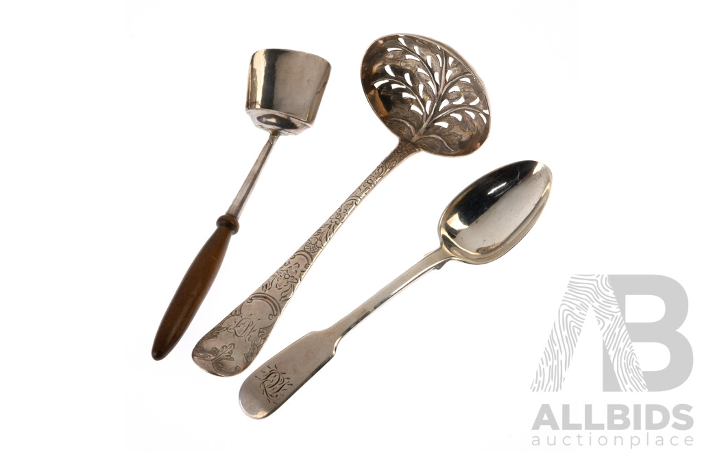 Collection Three Antique Sterling Silver Spoons Comprising  Caddy Scoop with Wooden Handle Birmingham 1807, Teaspoon London 1818, Paul Storr & Sifter, London Mid 1700s