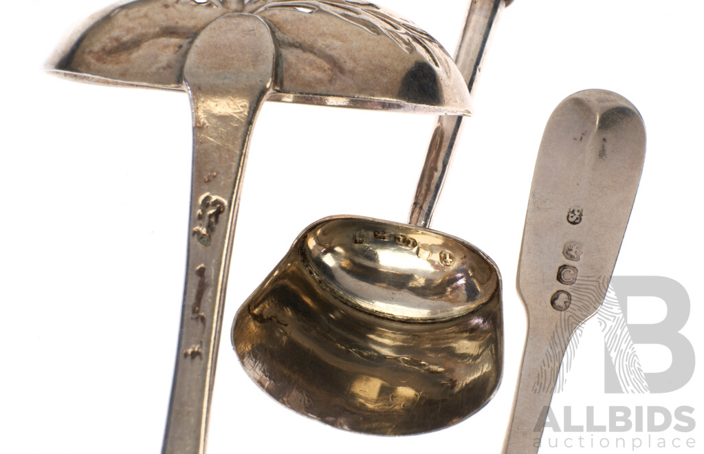 Collection Three Antique Sterling Silver Spoons Comprising  Caddy Scoop with Wooden Handle Birmingham 1807, Teaspoon London 1818, Paul Storr & Sifter, London Mid 1700s