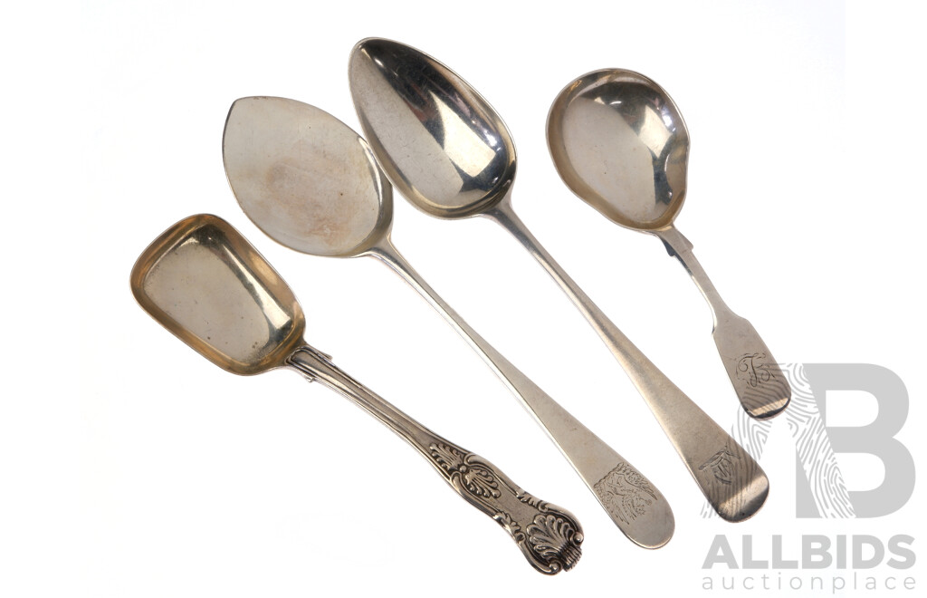 Collection Four Antique Sterling Silver Spoons Comprising Caddy Scoop Exeter 1848, Scoop with Kings Pattern, Edinburgh 1849, Dessert Spoon, London 1795, Wm Elliot & Slide, London 1786 by Hester Bateman