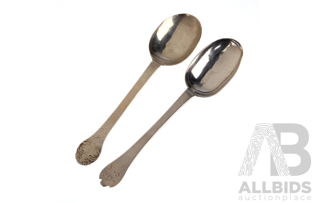 Two Antique Sterling Silver Spoons Comprising  Double Rat Tail Triad Example London 1699 & Lobe Ended Example, 1684,  Both with Monograms to Handle, Total Weight 114gm