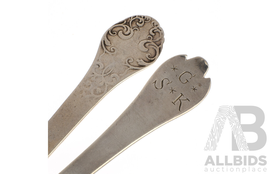 Two Antique Sterling Silver Spoons Comprising  Double Rat Tail Triad Example London 1699 & Lobe Ended Example, 1684,  Both with Monograms to Handle, Total Weight 114gm