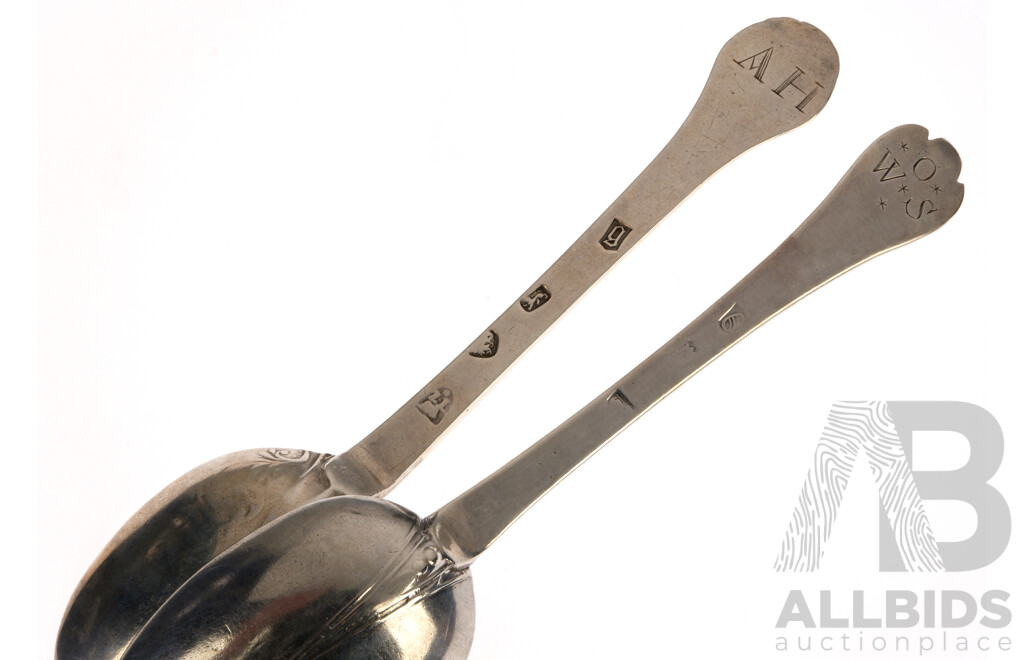 Two Antique Sterling Silver Spoons Comprising  Double Rat Tail Triad Example London 1699 & Lobe Ended Example, 1684,  Both with Monograms to Handle, Total Weight 114gm