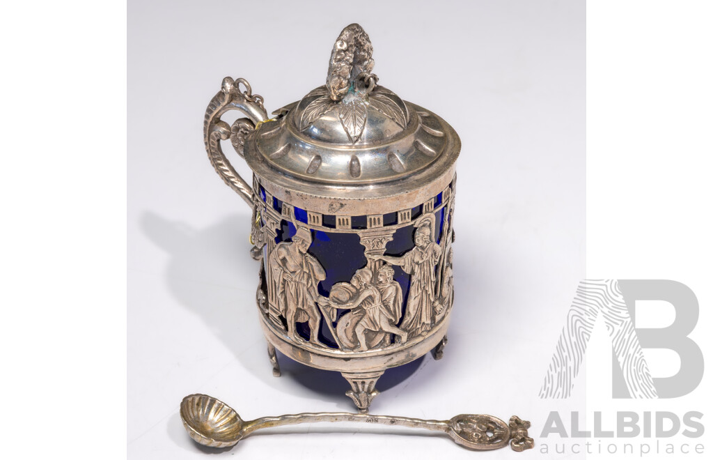 Antique German .800  Silver Lidded Mustard Pot with Spoon and Blue Glass Liner