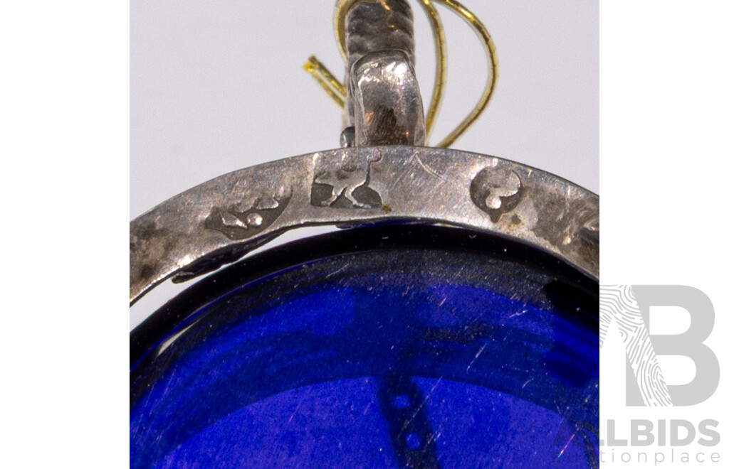 Antique German .800  Silver Lidded Mustard Pot with Spoon and Blue Glass Liner
