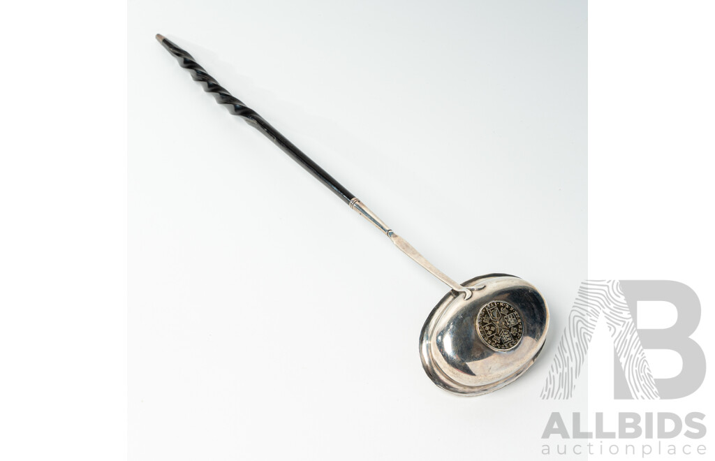 Antique Sterling Silver Toddy Ladle  with Guinea Dated 1787 and Baleen Twist Handle, Circa 1812