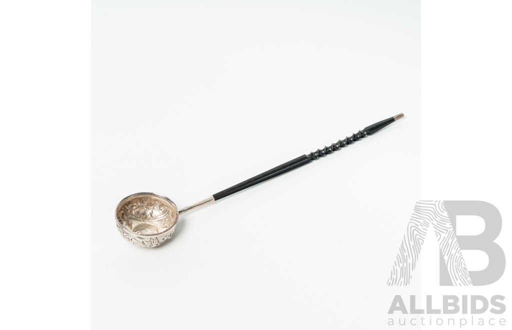Antique Sterling Silver Toddy Ladle  with George II Coin Inset in Bowl and Baleen Twist Handle, Circa Early 1800s