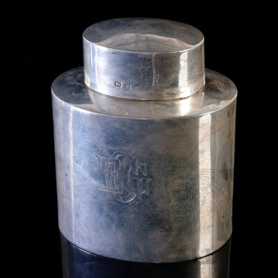 Antique English Sterling Silver Lidded Tea Caddy with Engraved Monogram to Front, Birmingham 1911, Weight 74Gm