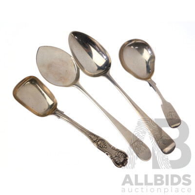 Collection Four Antique Sterling Silver Spoons Comprising Caddy Scoop Exeter 1848, Scoop with Kings Pattern, Edinburgh 1849, Dessert Spoon, London 1795, Wm Elliot & Slide, London 1786 by Hester Bateman