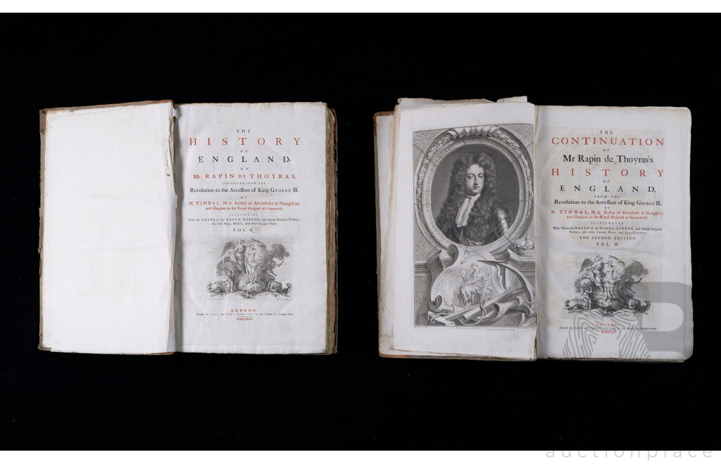 Tindales Continuation of Rapins History of England, Volumes 1 & 2, John & Paul Knapton, London, 1744, Hardcovers with Leather Spines