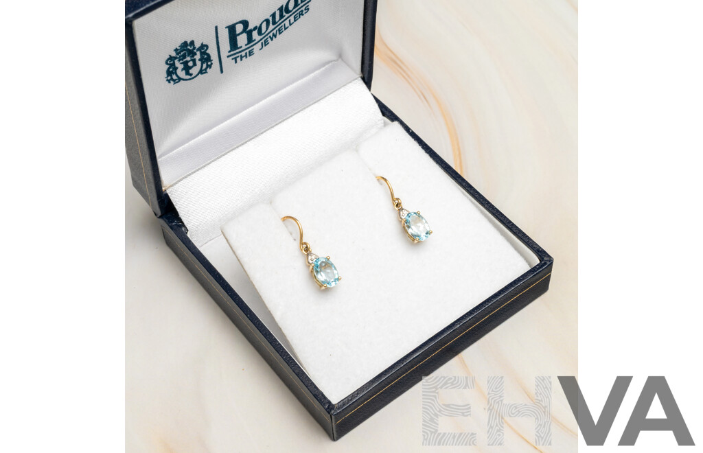 Prouds 9ct Topaz & Diamond Drop Earrings on Shepherds Hooks, TDW 0.01ct, as New, 20mm, 1.29 Grams