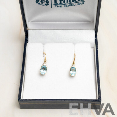 Prouds 9ct Topaz & Diamond Drop Earrings on Shepherds Hooks, TDW 0.01ct, as New, 20mm, 1.29 Grams