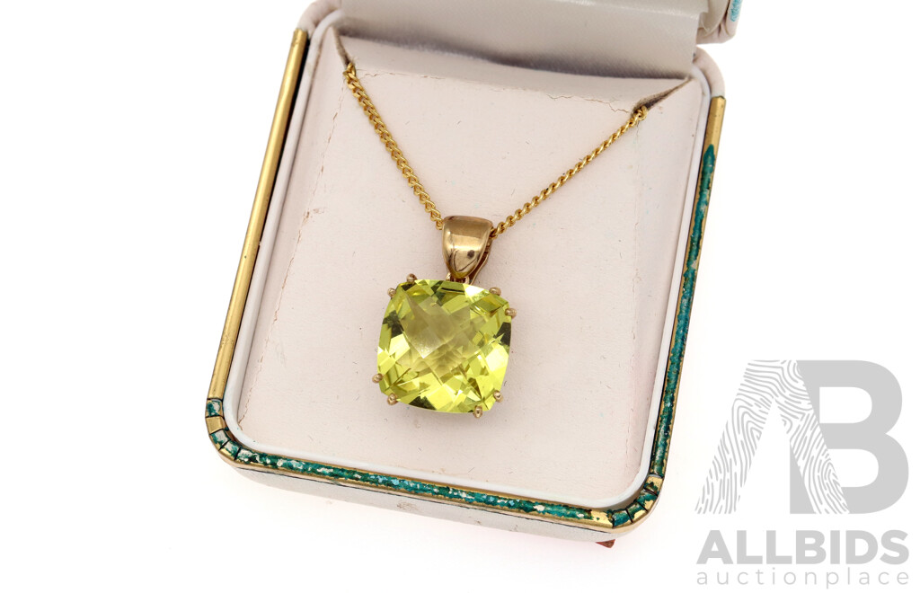 9ct Lemon Lime Quartz Cushion Cut Enhancer Pendant, 15.2mm Wide, 5.57 Grams