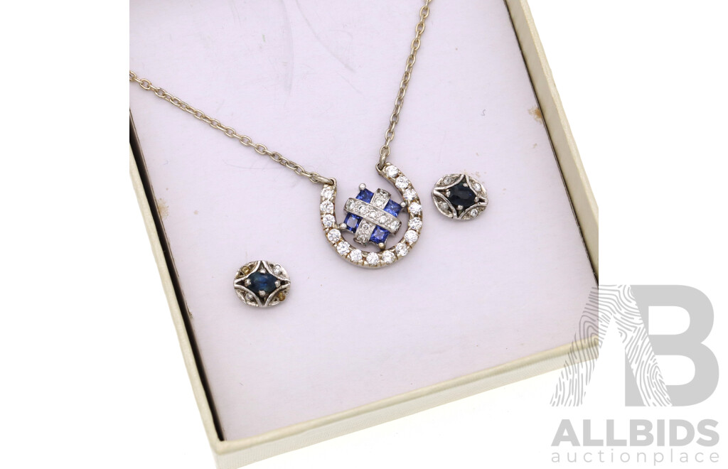 Sterling Silver Diamond & Sapphire Set Pendant & Earrings Set, 7.10 Grams