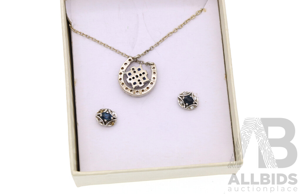 Sterling Silver Diamond & Sapphire Set Pendant & Earrings Set, 7.10 Grams