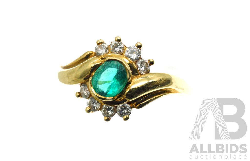 18ct Diamond & Created Emerald Cluster Ring, Size P, 3.47 Grams