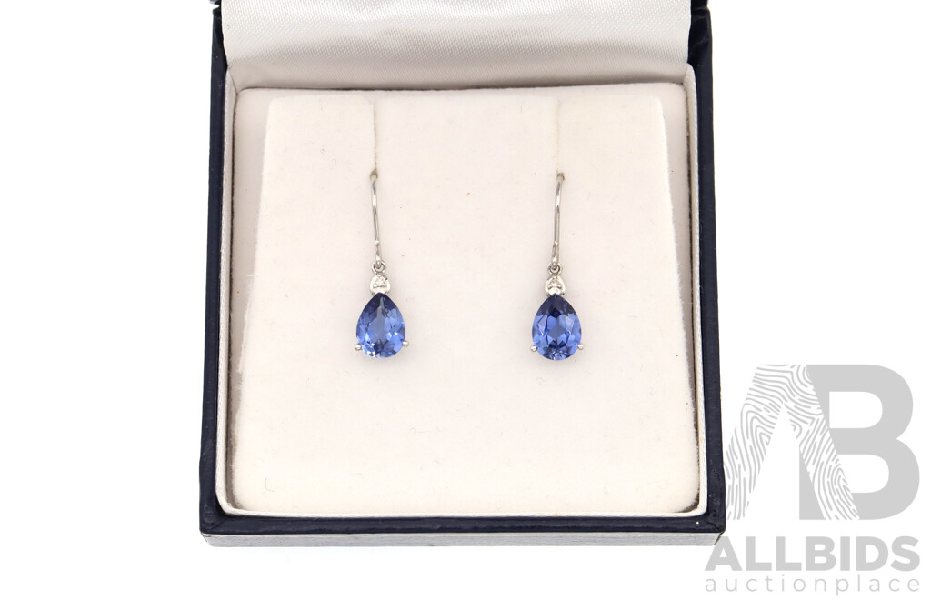 9ct Created Ceylon Sapphire & Diamond Drop Earrings From Prouds, as New, 23mm, 1.51 Grams